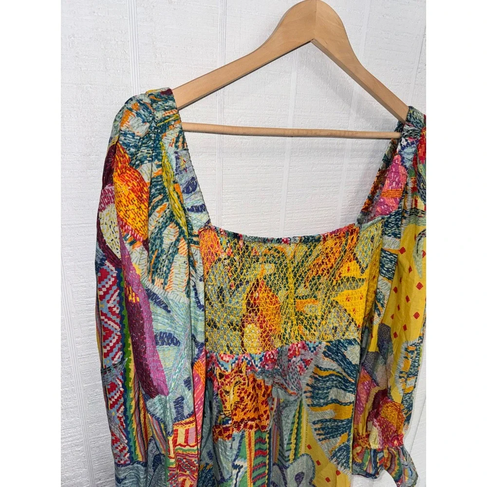 Farm Rio Smocked Blouse Women Multicolor Tropical Patchwork Metallic Medium